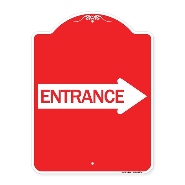 Designer Series Sign-Right Arrow Entrance, Red & White Aluminum Sign, 18" H, RW-1824-24234